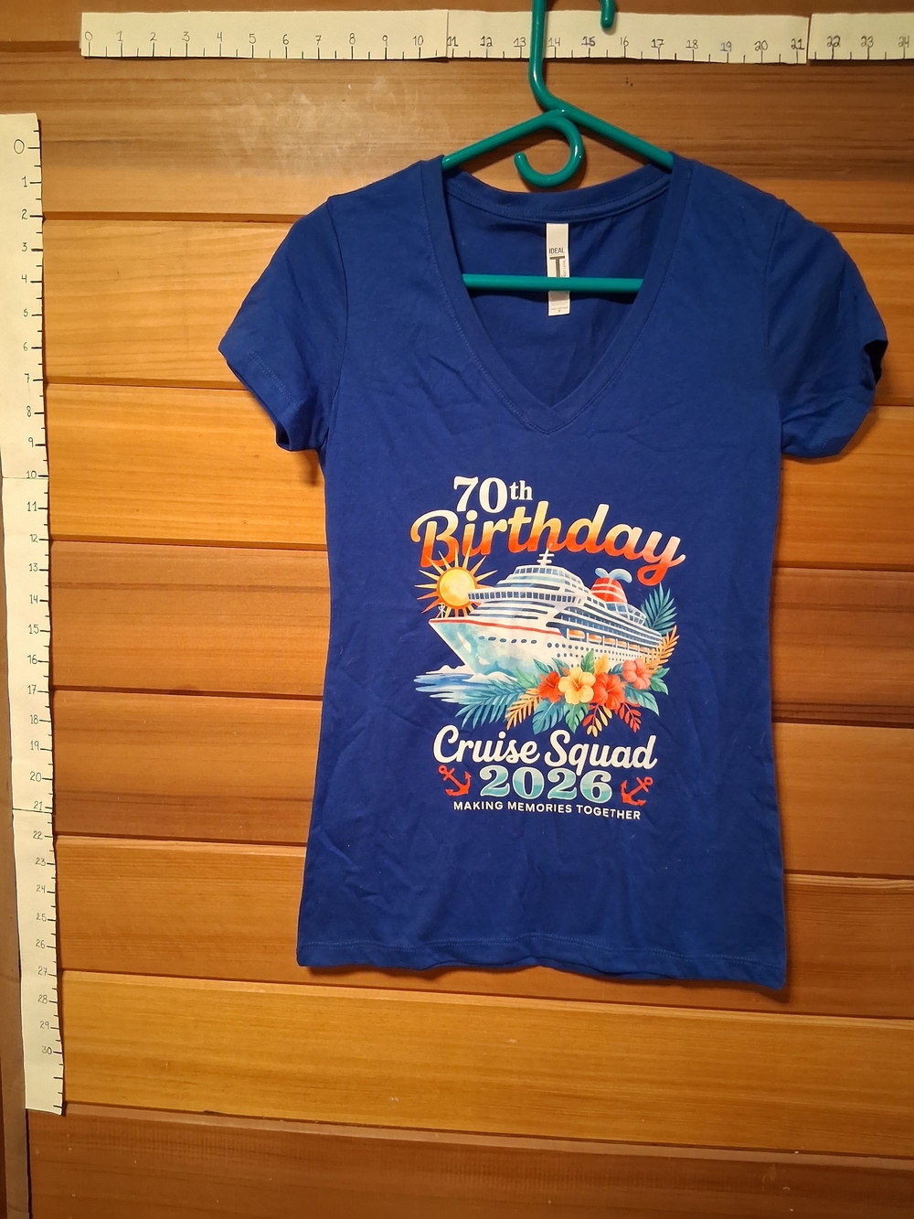 Blue V-Neck Swim Coverup Tee - 70th Birthday Cruise Graphic